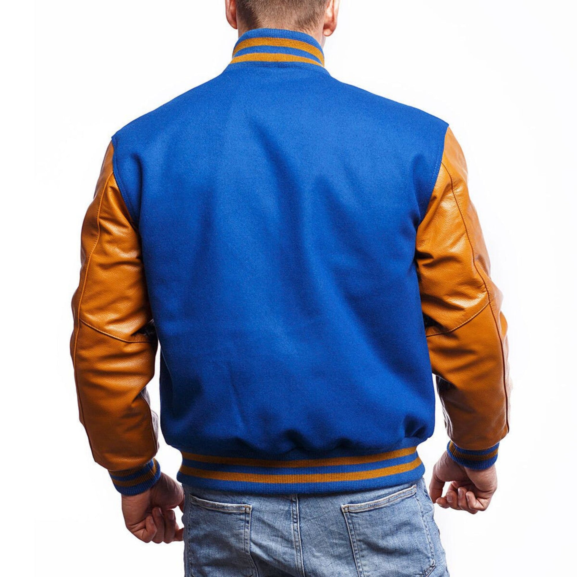 A Royal Blue varsity jacket with Yellow leather sleeves. The jacket has yellow and black striped cuffs, collar, and waistband.