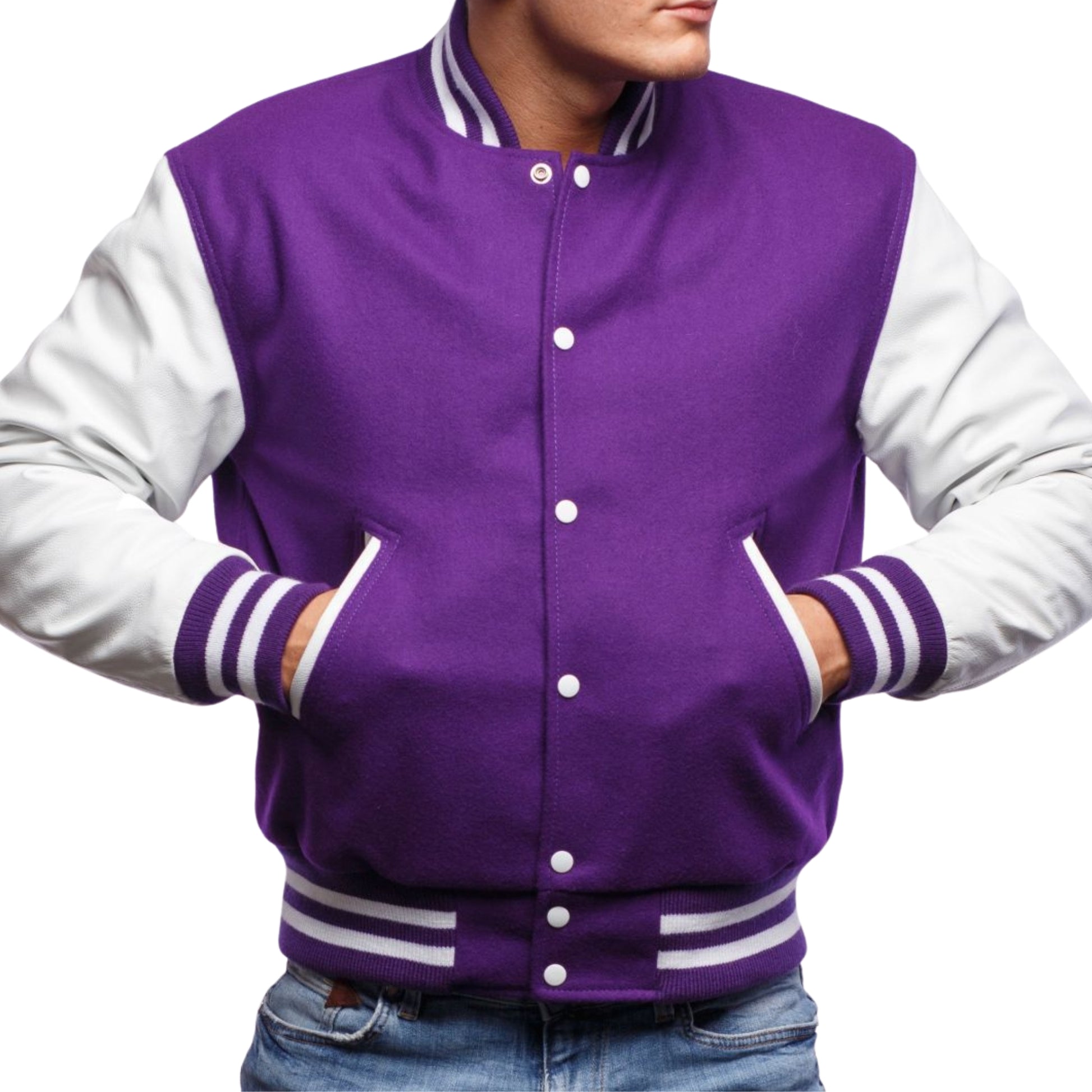 A Purple varsity jacket with White  leather sleeves. The jacket has yellow and black striped cuffs, collar, and waistband.