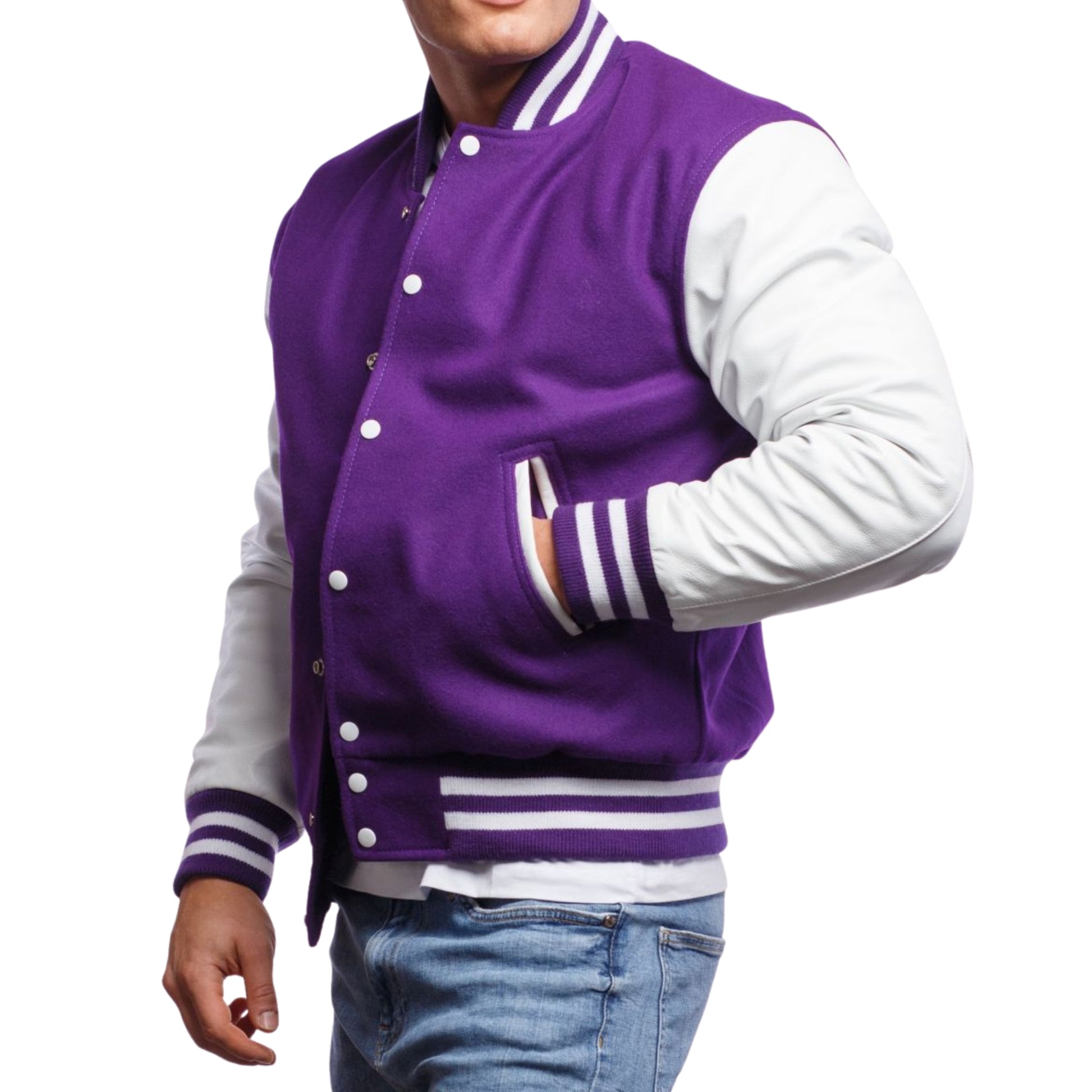 A Purple varsity jacket with White  leather sleeves. The jacket has yellow and black striped cuffs, collar, and waistband.