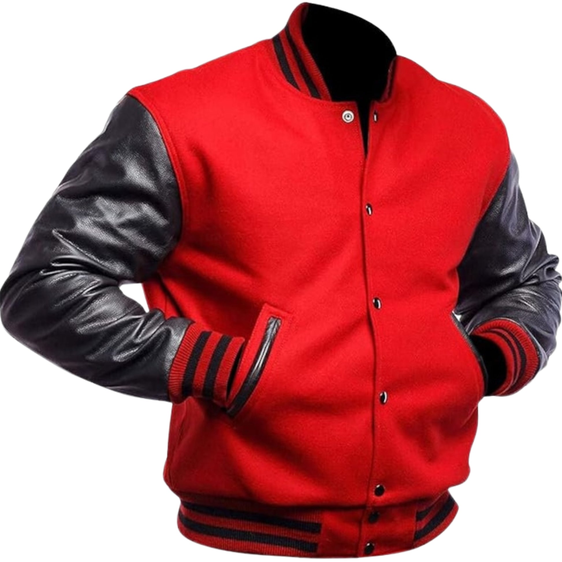 A Red varsity jacket with Black leather sleeves. The jacket has yellow and black striped cuffs, collar, and waistband