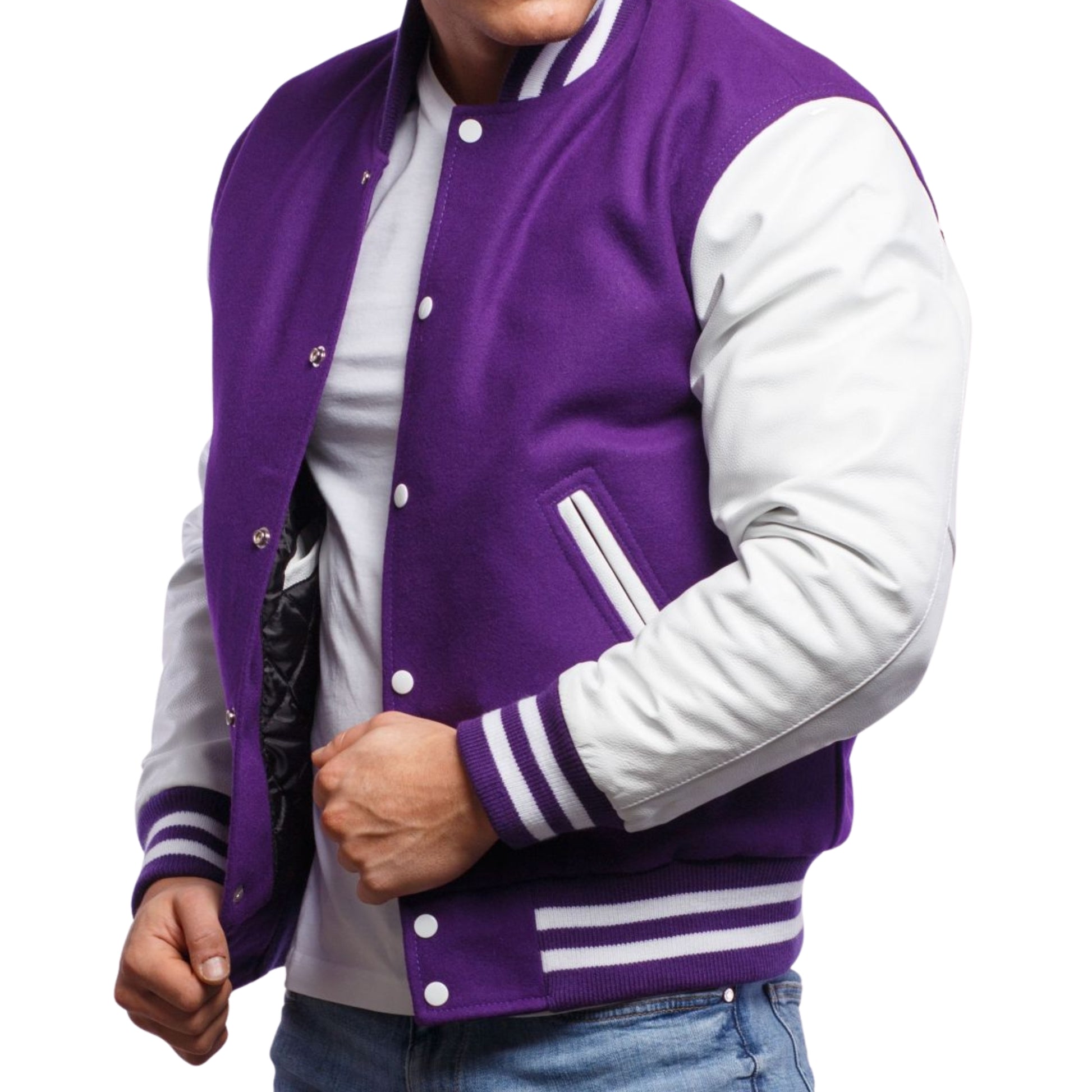 A Purple varsity jacket with White  leather sleeves. The jacket has yellow and black striped cuffs, collar, and waistband.