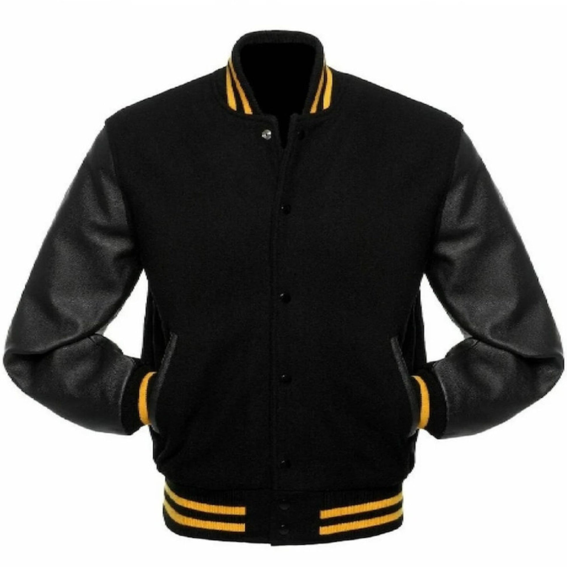 A black varsity jacket with leather sleeves. The jacket has yellow and black striped cuffs, collar, and waistband.