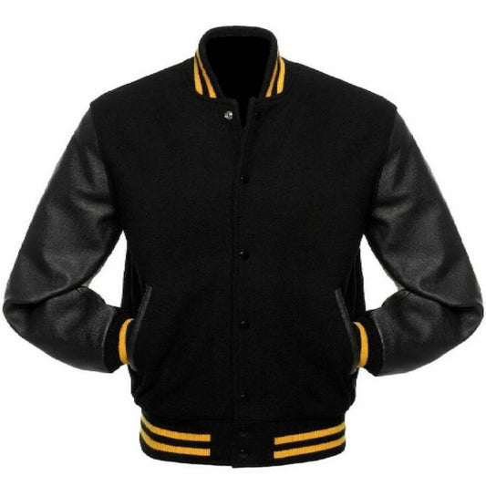 Black Varsity Jacket Men's Real Leather Sleeves