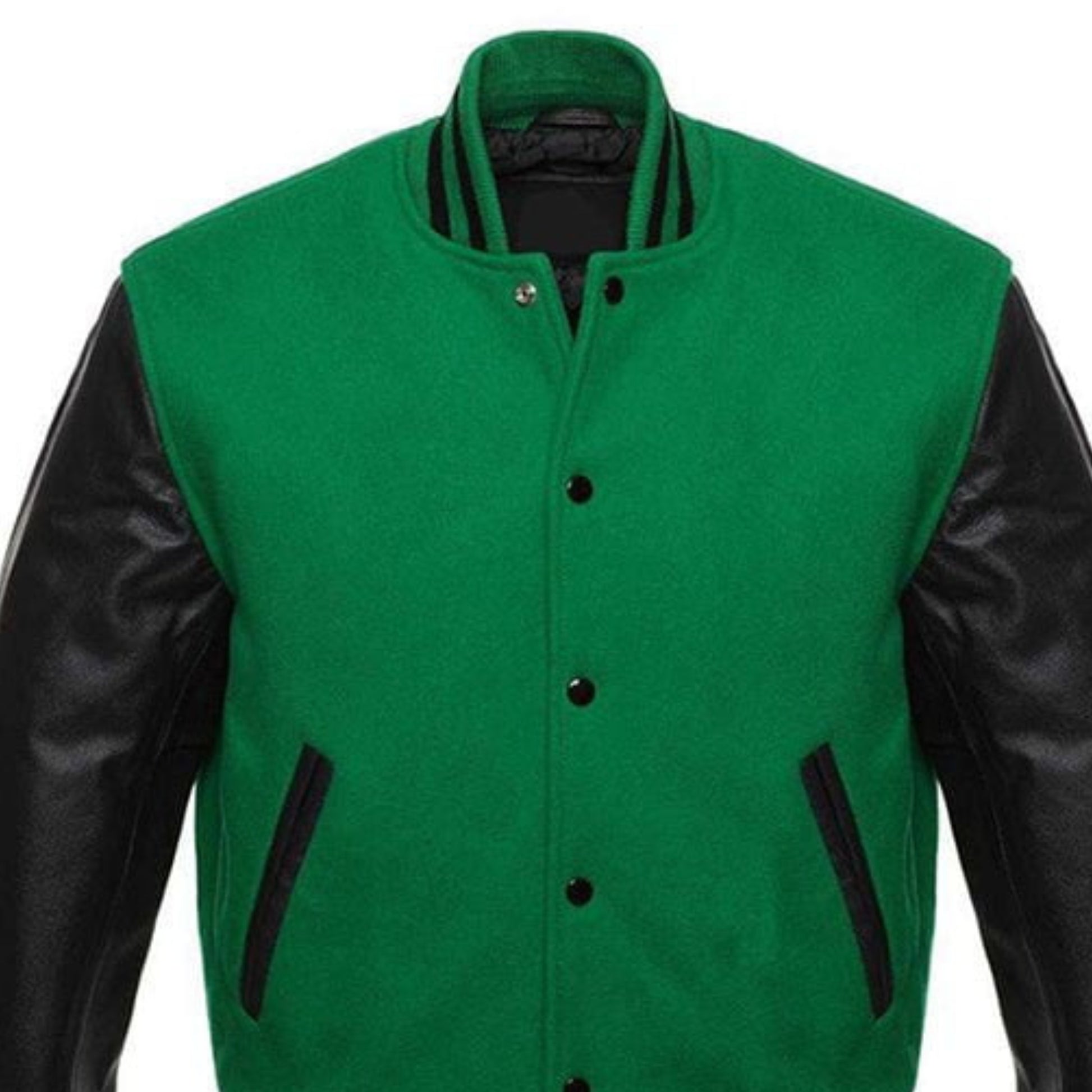 A Green varsity jacket with Black leather sleeves. The jacket has yellow and black striped cuffs, collar, and waistband.