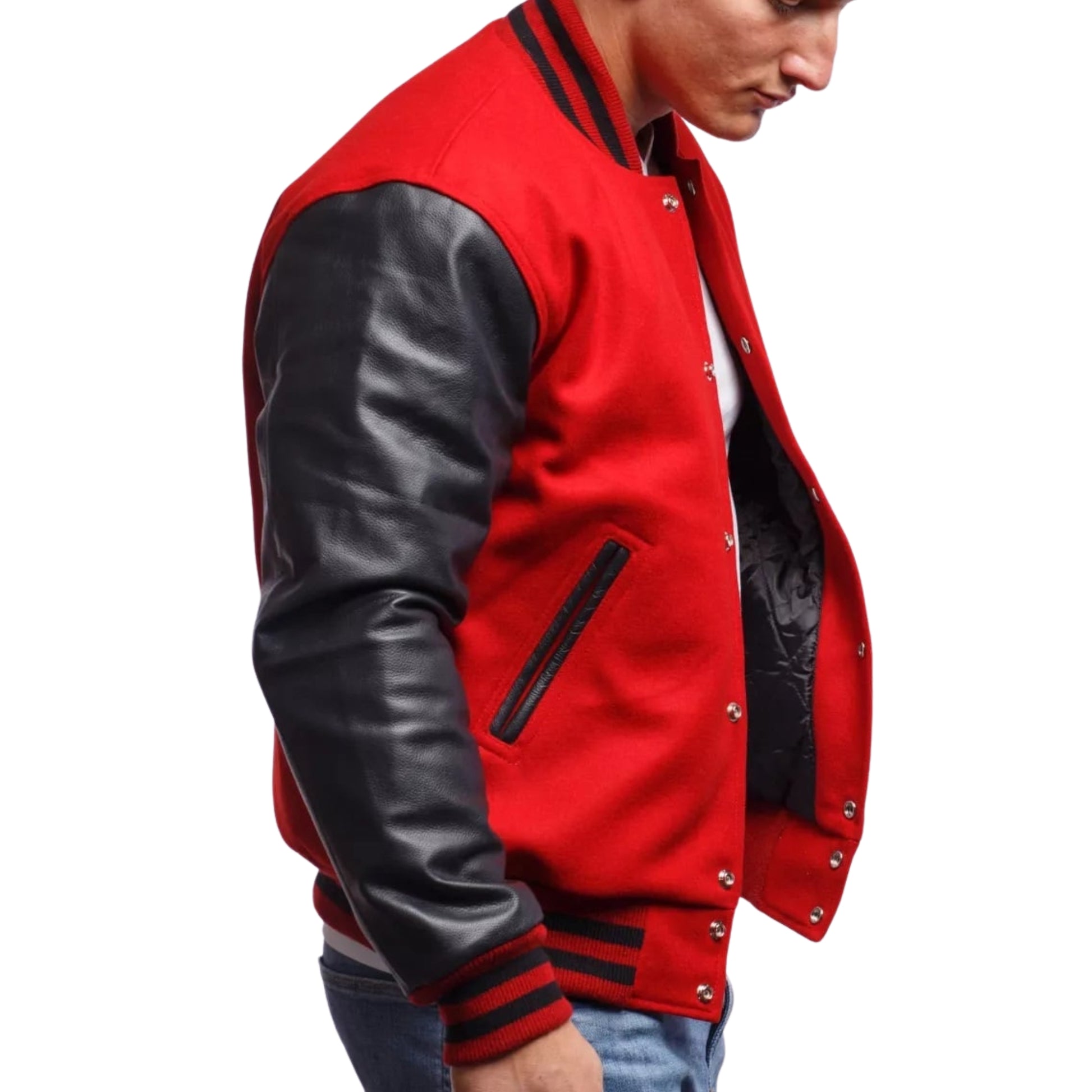 A Red varsity jacket with Black leather sleeves. The jacket has yellow and black striped cuffs, collar, and waistband