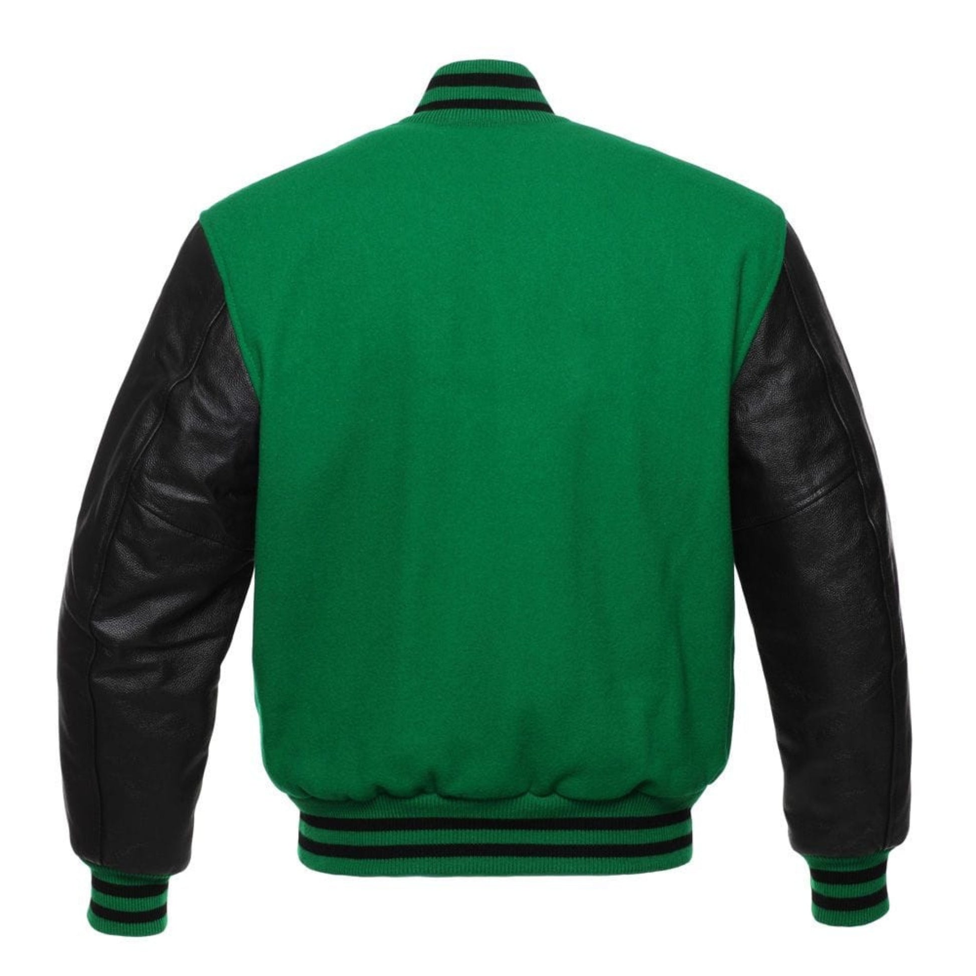 A Green varsity jacket with Black leather sleeves. The jacket has yellow and black striped cuffs, collar, and waistband.