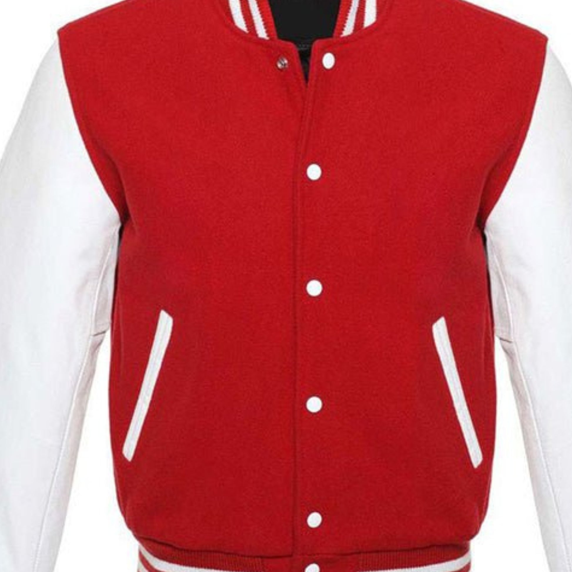 A Red varsity jacket with White leather sleeves. The jacket has yellow and black striped cuffs, collar, and waistband.