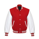 A Red varsity jacket with White leather sleeves. The jacket has yellow and black striped cuffs, collar, and waistband.