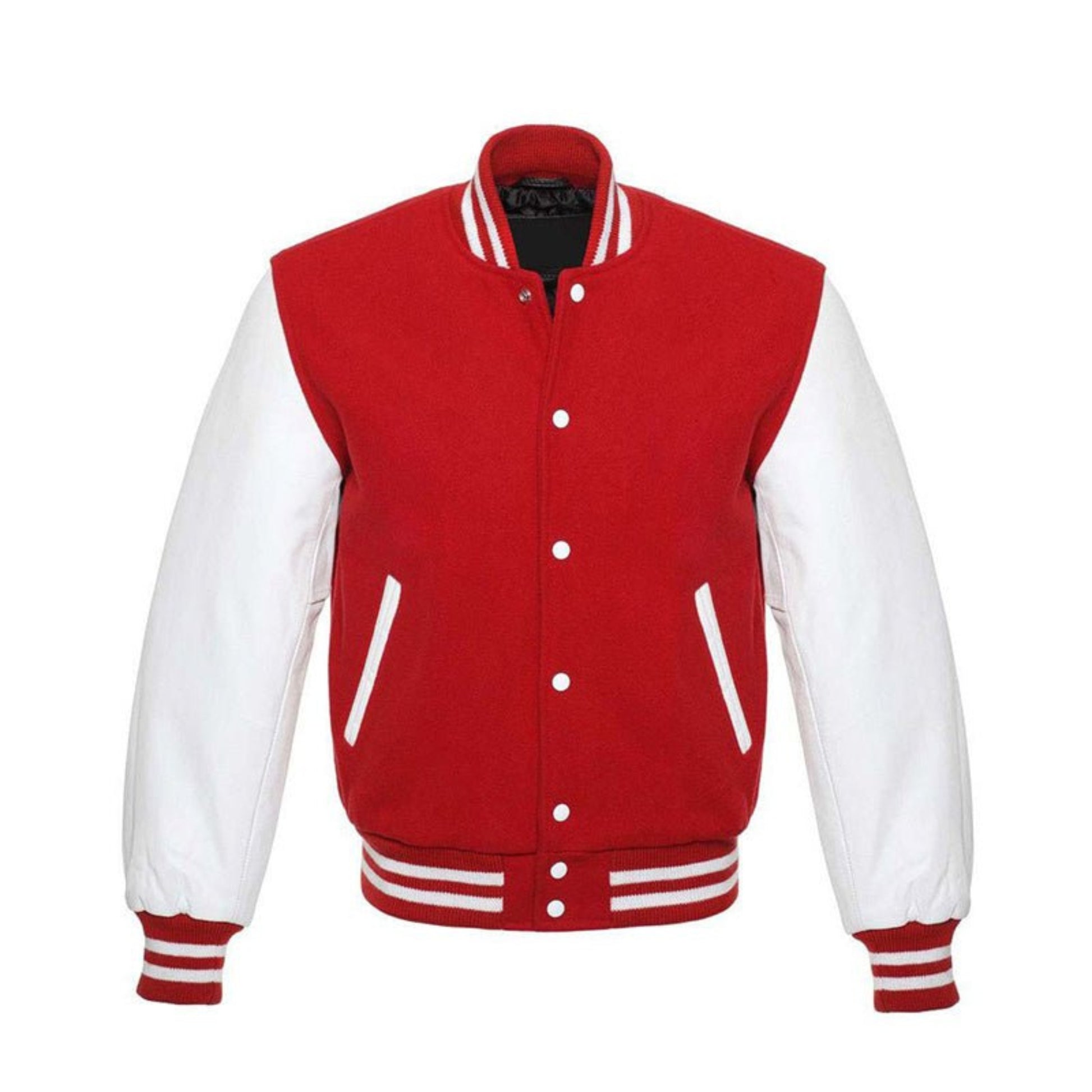 A Red varsity jacket with White leather sleeves. The jacket has yellow and black striped cuffs, collar, and waistband.