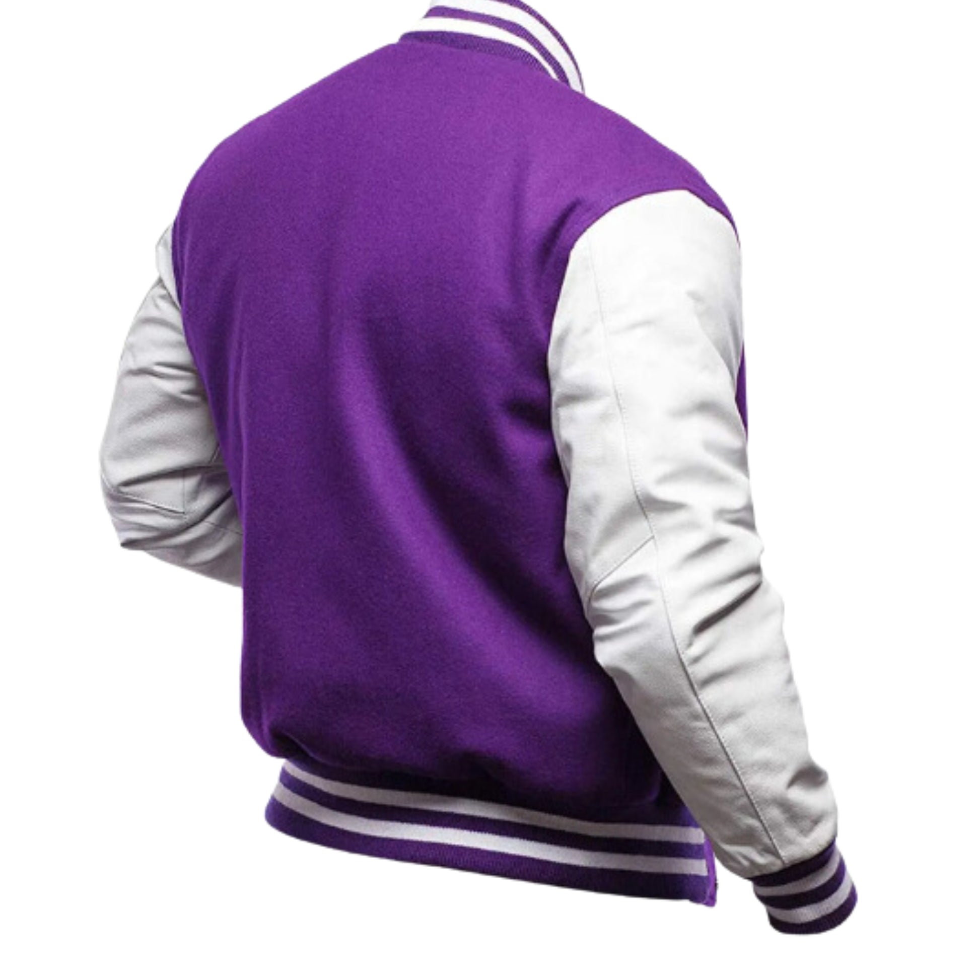 A Purple varsity jacket with White  leather sleeves. The jacket has yellow and black striped cuffs, collar, and waistband.