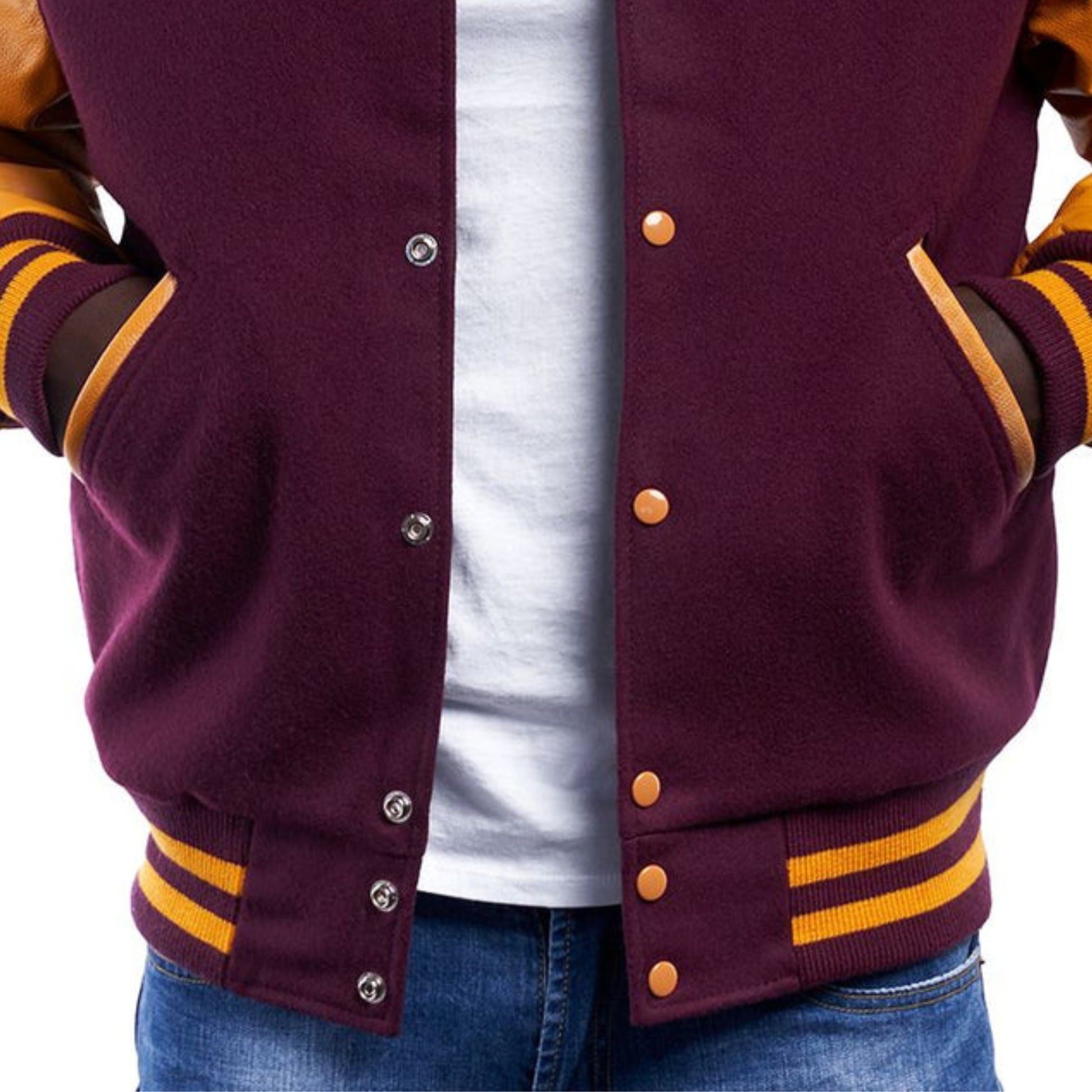 A Maroon varsity jacket with Yellow leather sleeves. The jacket has yellow and black striped cuffs, collar, and waistband.