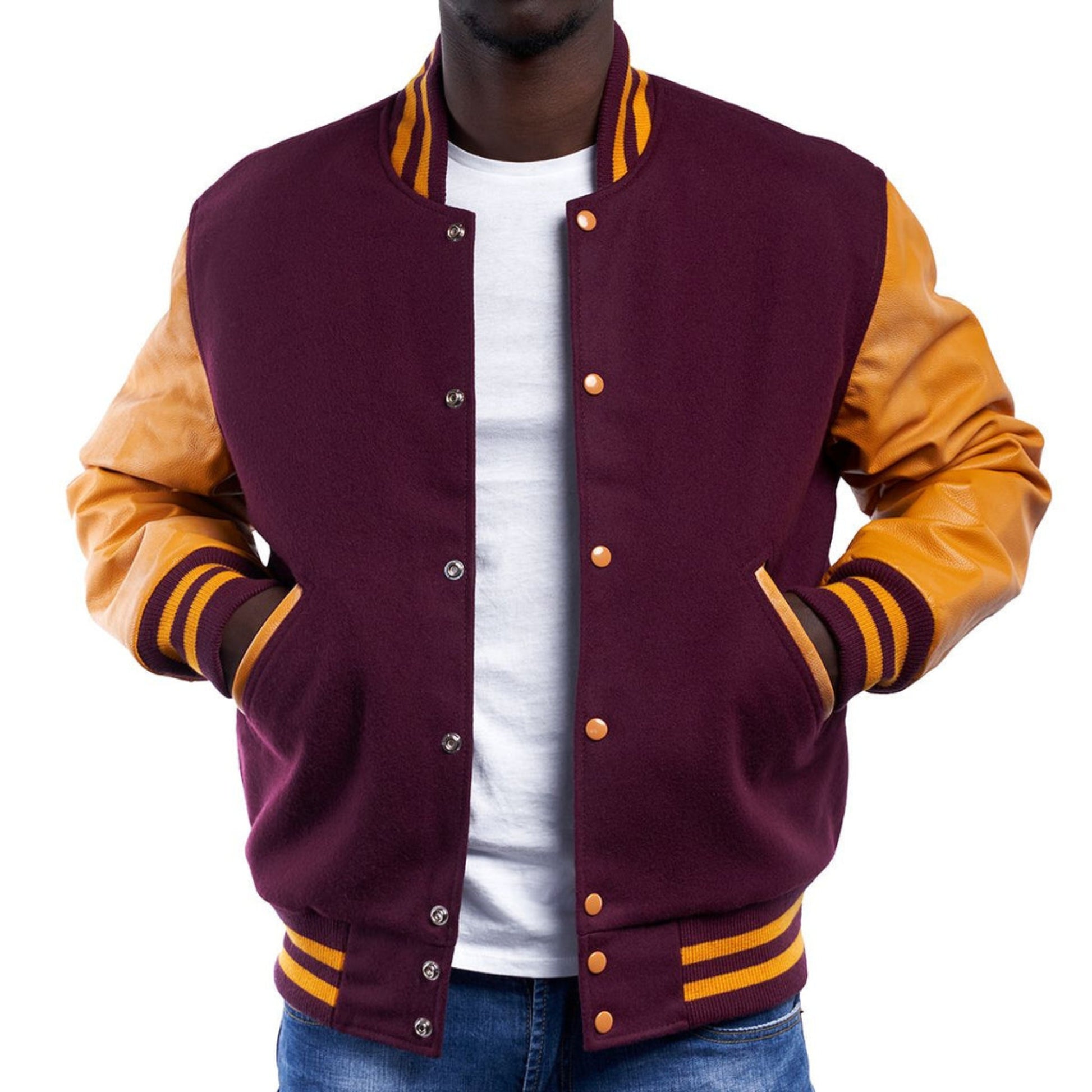 A Maroon varsity jacket with Yellow leather sleeves. The jacket has yellow and black striped cuffs, collar, and waistband.