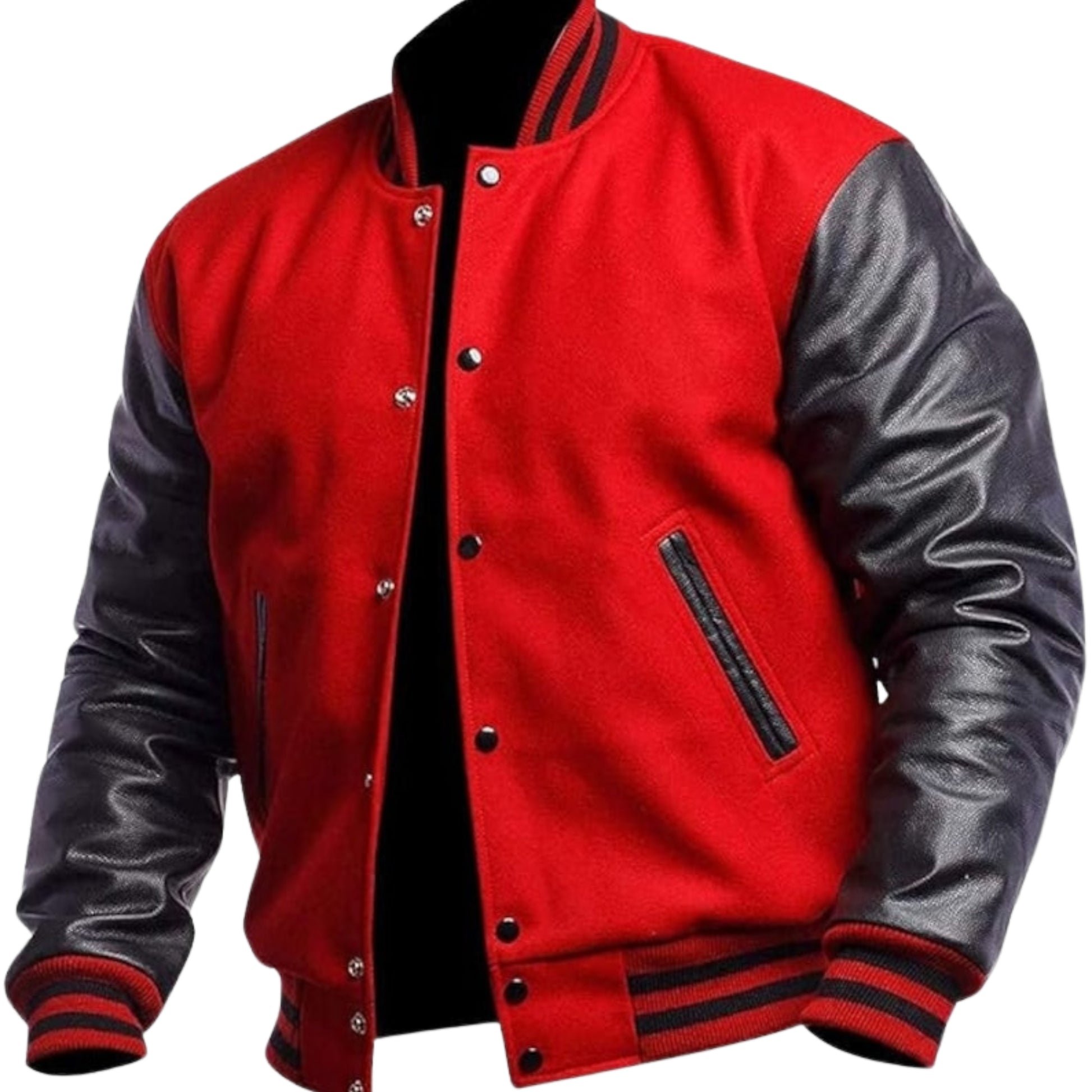 A Red varsity jacket with Black leather sleeves. The jacket has yellow and black striped cuffs, collar, and waistband