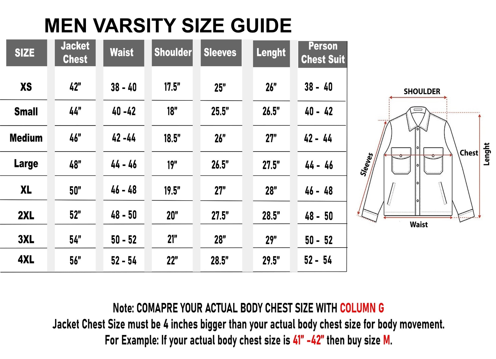 Varsity Jacket Size Chart