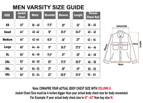 Varsity Jacket Size Chart