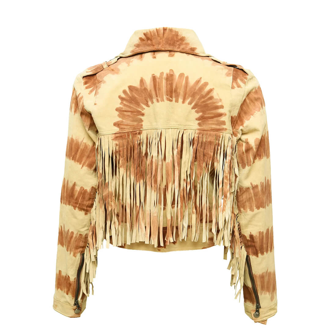 Western Fringe Suede Leather Jacket for Women, Gitty Tiedye Design, Stylish Cowgirl Fashion