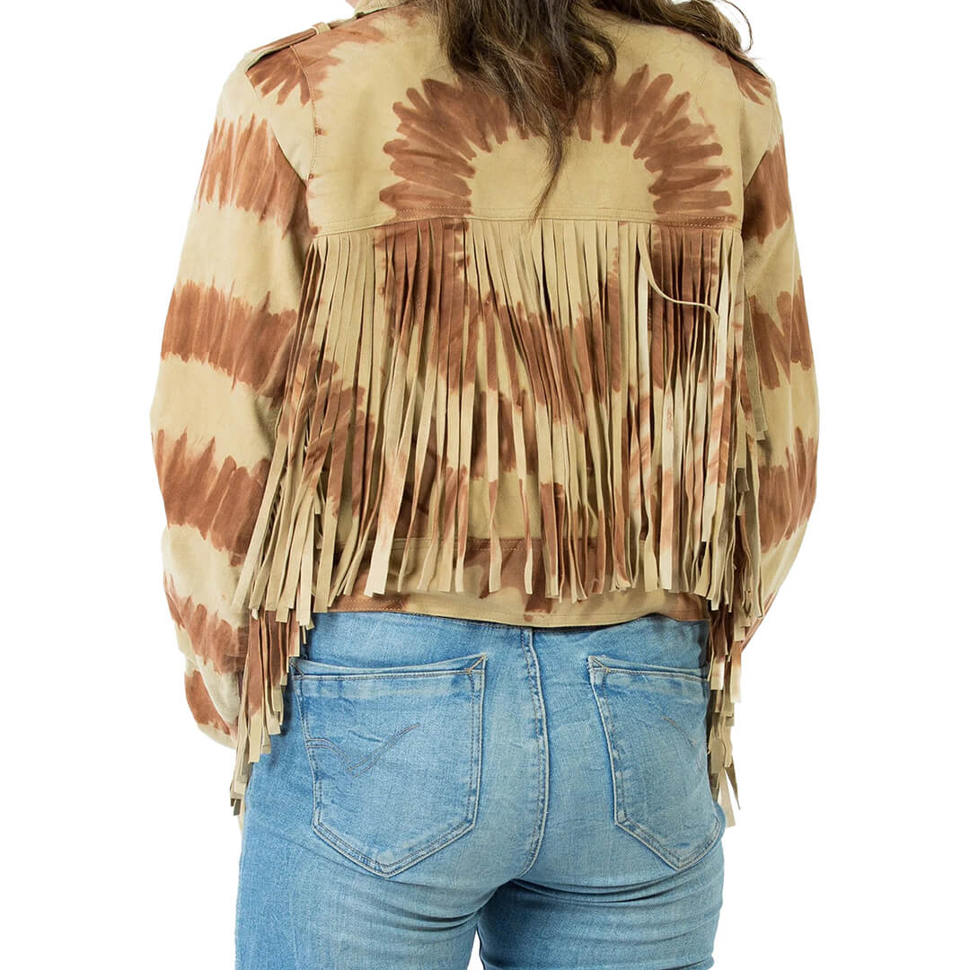 Western Fringe Suede Leather Jacket for Women, Gitty Tiedye Design, Stylish Cowgirl Fashion