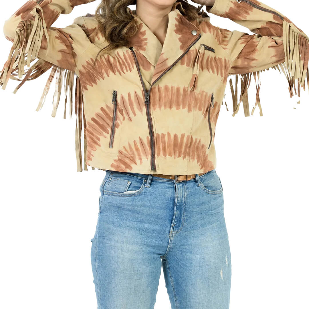 Western Fringe Suede Leather Jacket for Women, Gitty Tiedye Design, Stylish Cowgirl Fashion