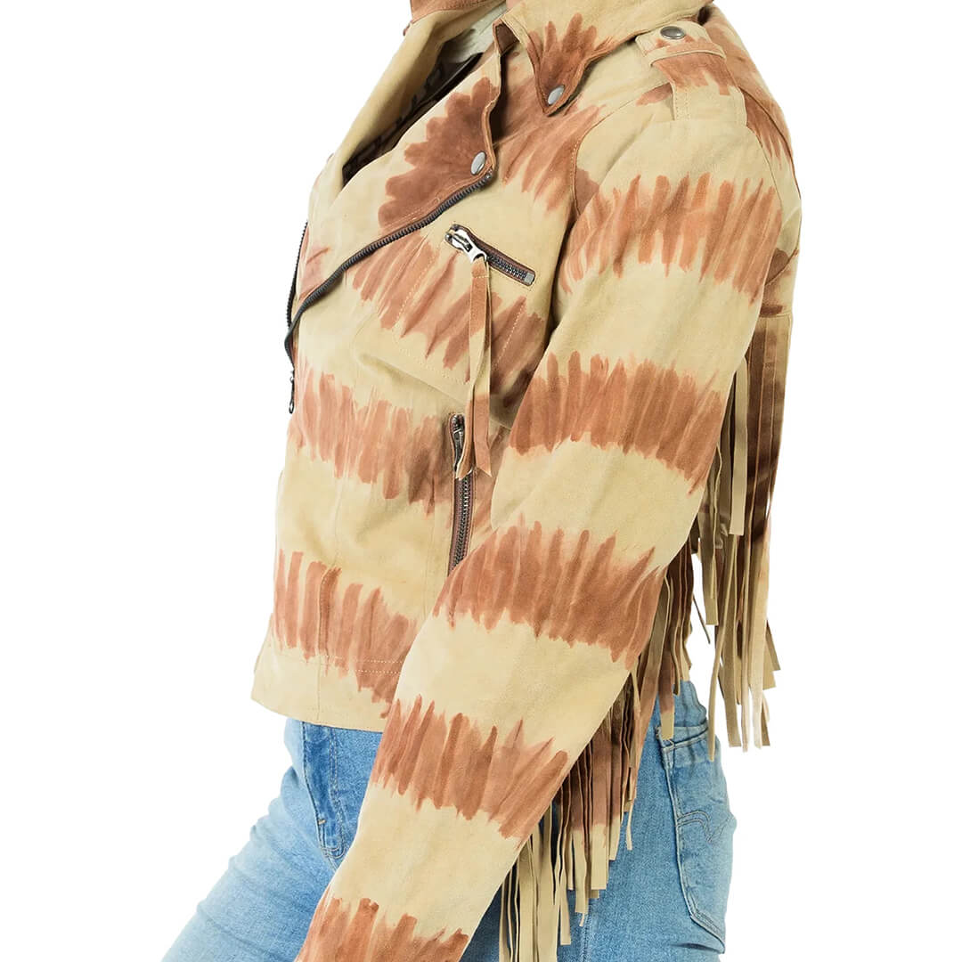 Western Fringe Suede Leather Jacket for Women, Gitty Tiedye Design, Stylish Cowgirl Fashion