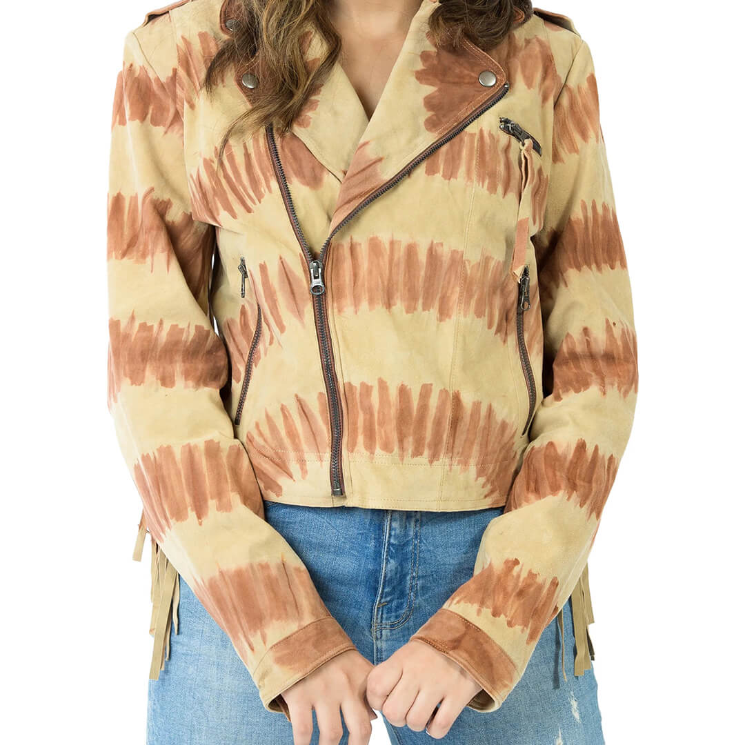 Western Fringe Suede Leather Jacket for Women, Gitty Tiedye Design, Stylish Cowgirl Fashion