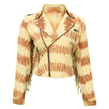 Western Fringe Suede Leather Jacket for Women, Gitty Tiedye Design, Stylish Cowgirl Fashion