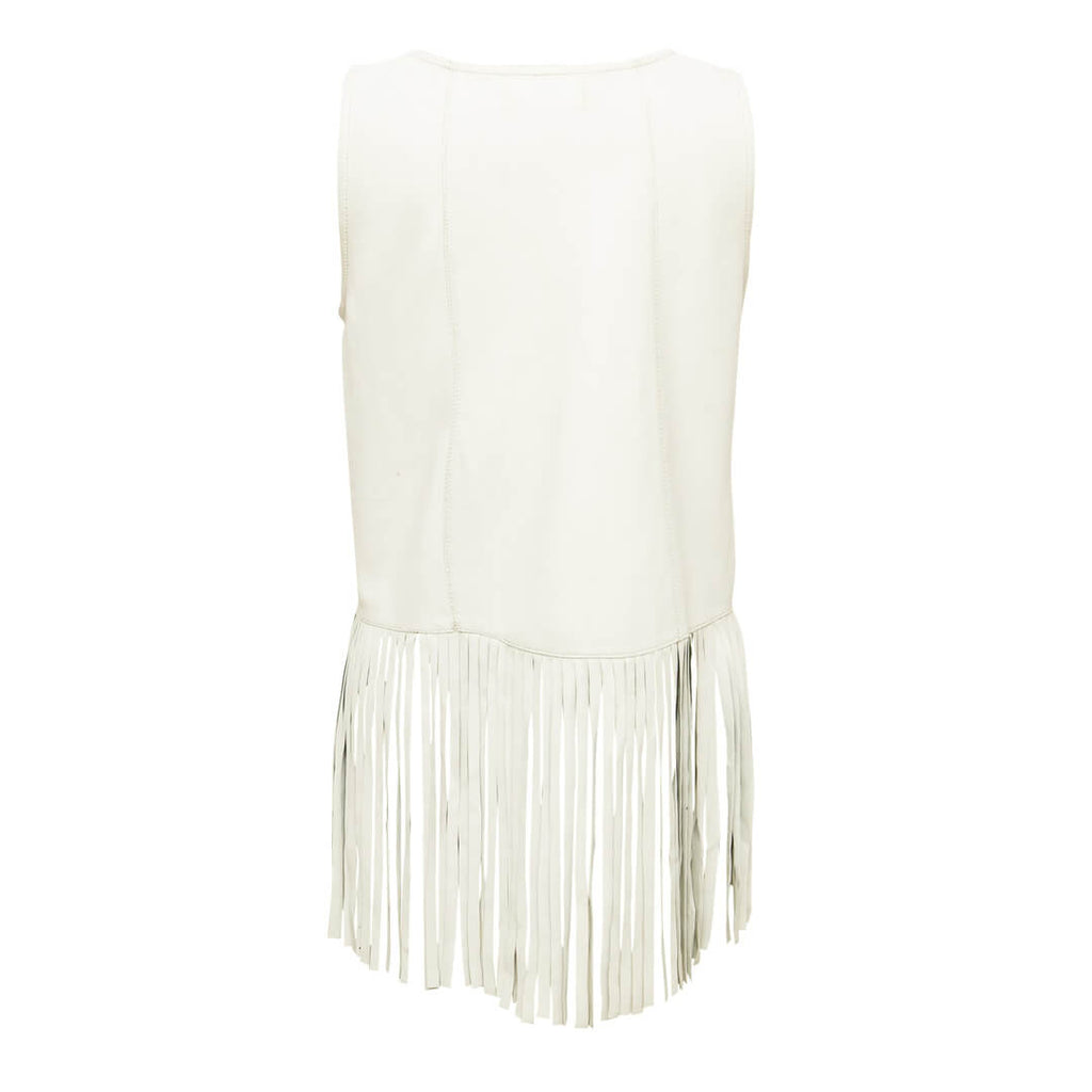 Sleeveless Lapel Collar White Fringe Leather Shirt for Women