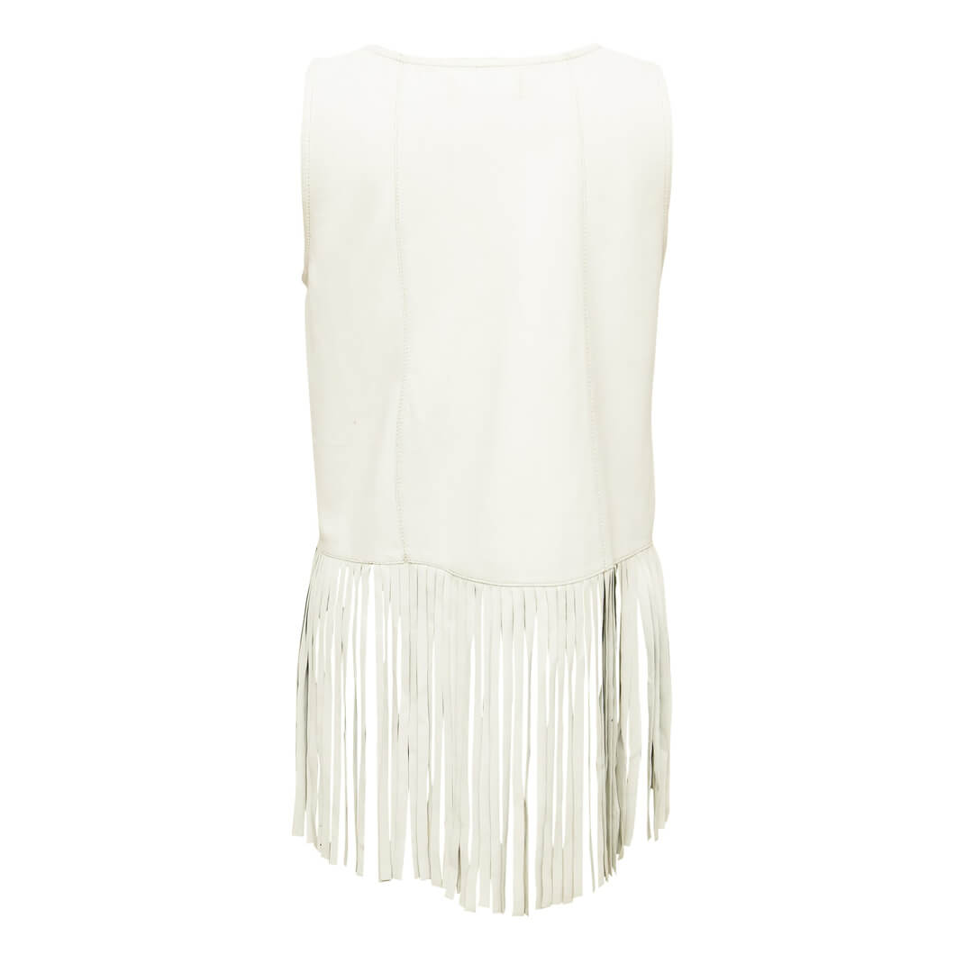 Sleeveless Lapel Collar White Fringe Leather Shirt for Women
