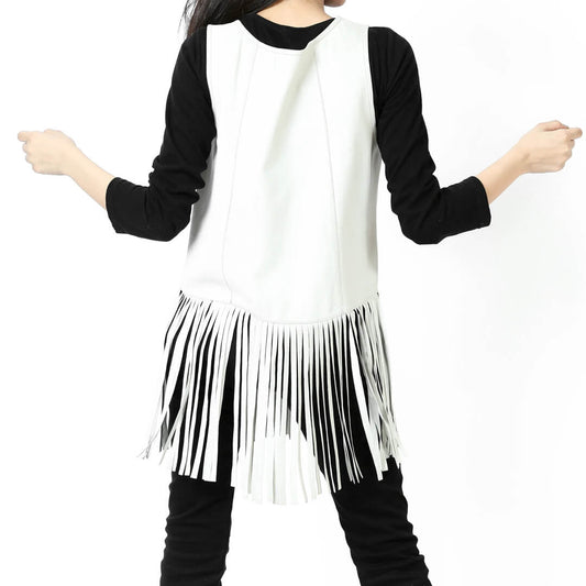 Sleeveless Lapel Collar White Fringe Leather Shirt for Women