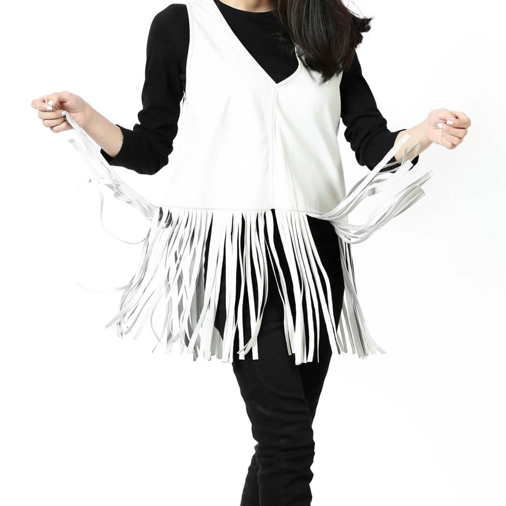 white-fringe-leather-shirt-woman-sleeveless-lapel-collar-front2-view