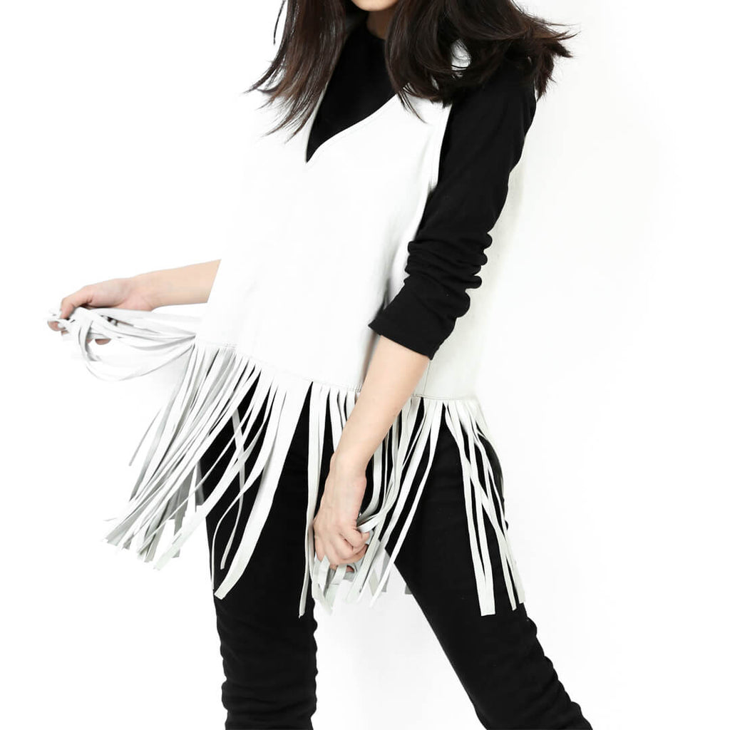 Sleeveless Lapel Collar White Fringe Leather Shirt for Women