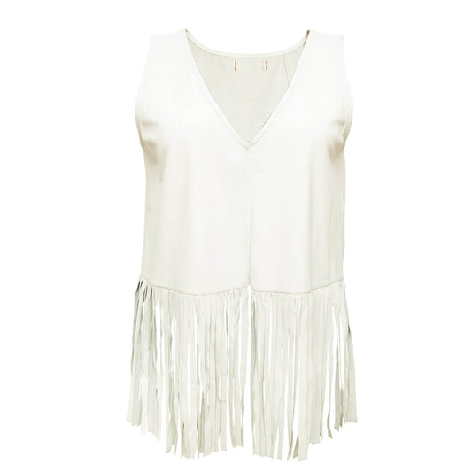 Sleeveless Lapel Collar White Fringe Leather Shirt for Women