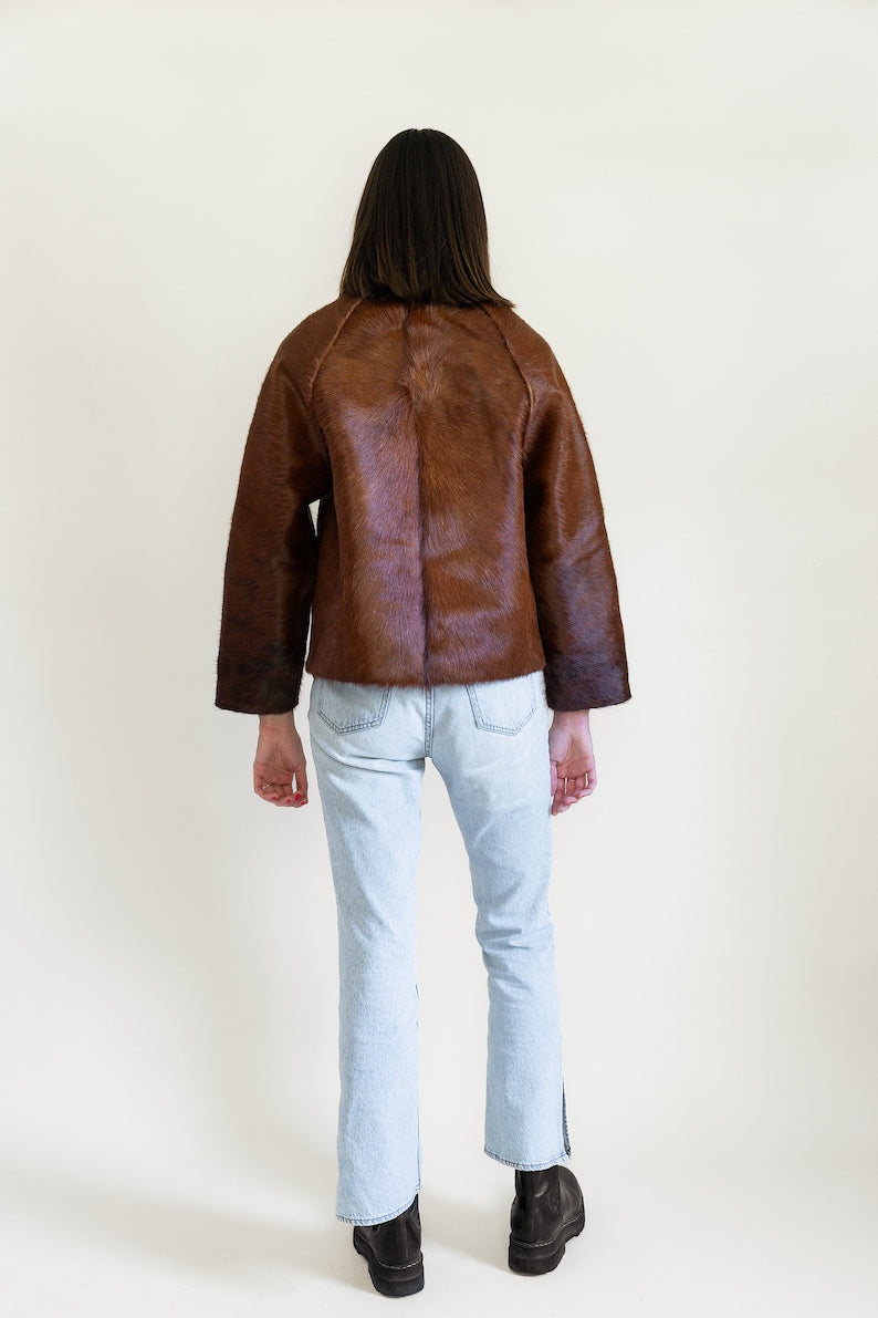 Cowhide Brown Leather Bomber Jacket For Women