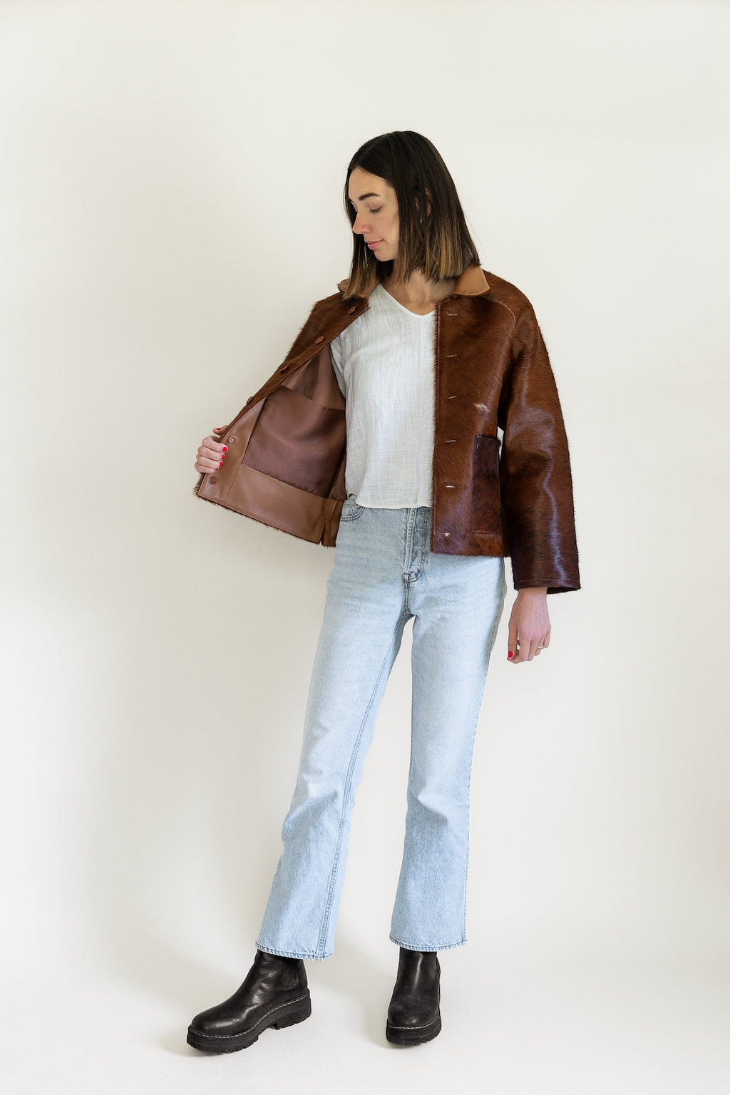 Cowhide Brown Leather Bomber Jacket For Women